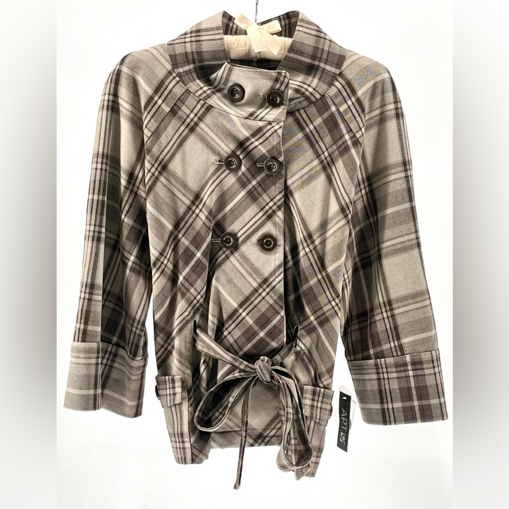 NWT Apt. 9 Brown/Tan Plaid Cropped Belted Trench Coat
